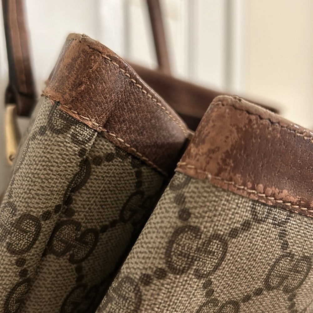 Vintage Gucci Supreme Beige Brown Fabulous Tote Bag Leather Handle Gold Accents - Picture 16 of 16